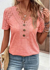 Orange tops,Plain Color tops,ROTITA Lace Orange V Neck Short Sleeve T Shirt