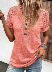 Orange tops,Plain Color tops,ROTITA Lace Orange V Neck Short Sleeve T Shirt