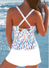 White swimwear,Geometric swimwear,Striped swimwear,ROTITA Criss Cross White Geometric Print Tankini Set