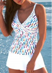 White swimwear,Geometric swimwear,Striped swimwear,ROTITA Criss Cross White Geometric Print Tankini Set