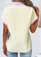 Light Yellow tops,Sky Blue tops,Striped tops,Geometric tops,ROTITA Patchwork Multi Stripe Print Light Yellow Shirt Collar Blouse