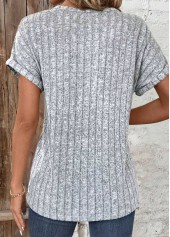 Light Grey Marl tops,Plain Color tops,ROTITA Zipper Light Grey Marl V Neck Short Sleeve Blouse