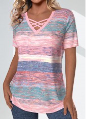 Pink tops,Striped tops,Geometric tops,ROTITA Criss Cross Striped Pink V Neck T Shirt