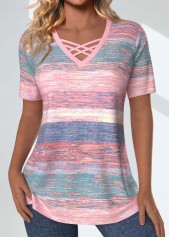 ROTITA Criss Cross Striped Pink V Neck T Shirt