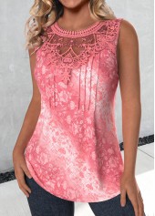 Pink tops,Tribal tops,Ombre tops,Floral tops,Plants tops,ROTITA Lace Tribal Print Pink Round Neck Sleeveless Tank Top