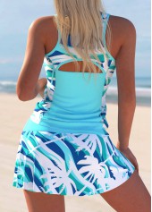 Cyan swimwear,Plants swimwear,ROTITA Cut Out Cyan Tropical Plants Print Tankini Set