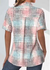 Light Pink tops,Grey tops,Plaid tops,ROTITA Pocket Plaid Light Pink Shirt Collar Short Sleeve Blouse
