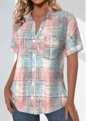 Light Pink tops,Grey tops,Plaid tops,ROTITA Pocket Plaid Light Pink Shirt Collar Short Sleeve Blouse