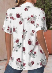 White tops,Floral tops,Plants tops,ROTITA Button Floral Print White Shirt Collar Short Sleeve Blouse