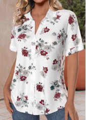 White tops,Floral tops,Plants tops,ROTITA Button Floral Print White Shirt Collar Short Sleeve Blouse
