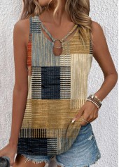 Multi Color tops,Geometric tops,Striped tops,ROTITA Cut Out Geometric Print Multi Color Sleeveless Tank Top