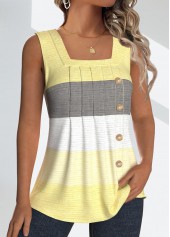Light Yellow tops,Dark Grey tops,Striped tops,Geometric tops,ROTITA Button Striped Light Yellow Square Neck Sleeveless Tank Top