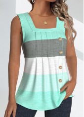 Mint Green tops,Striped tops,Geometric tops,ROTITA Button Striped Mint Green Square Neck Sleeveless Tank Top