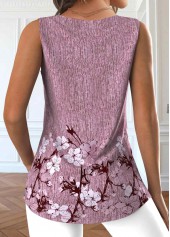 Dark Reddish Purple tops,Floral tops,Plants tops,ROTITA Button Floral Print Dark Reddish Purple Sleeveless Tank Top