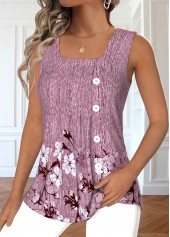 Dark Reddish Purple tops,Floral tops,Plants tops,ROTITA Button Floral Print Dark Reddish Purple Sleeveless Tank Top