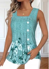 Mint Green tops,Floral tops,Plants tops,ROTITA Button Floral Print Mint Green Square Neck Tank Top