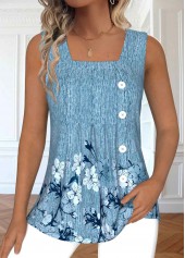 débardeur sans manches bleu poussiéreux à imprimé floral et boutons Rotita