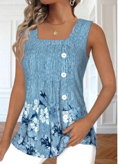 Dusty Blue tops,Floral tops,ROTITA Button Floral Print Dusty Blue Sleeveless Tank Top