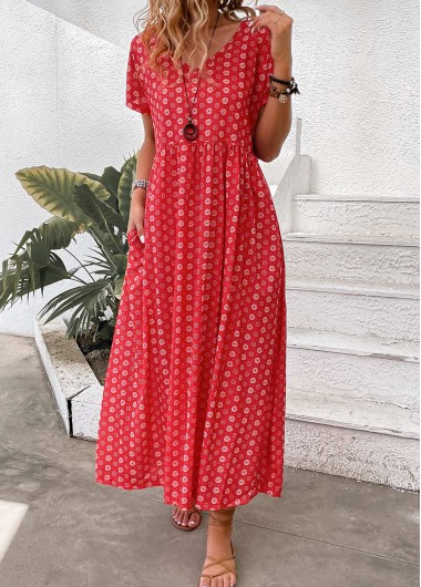 Red dresses,Geometric dresses,Floral dresses,Plants dresses,Dot dresses,Everyday dresses,Casual dresses,ROTITA Pocket Geometric Print Red Maxi A Line Dress