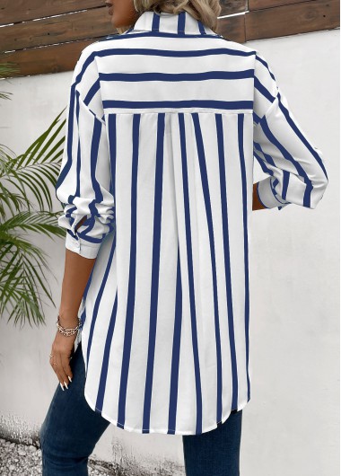 Blue tops,White tops,Striped tops,Geometric tops,Button Striped Blue Long Sleeve Shirt