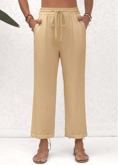 Light Camel bottoms,Plain Color bottoms,Pocket Beige Elastic Waist High Waisted Pants