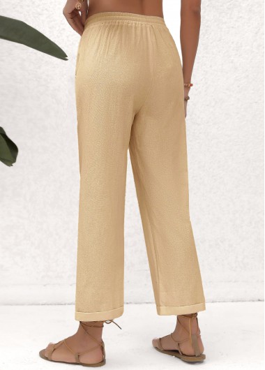 Light Camel bottoms,Plain Color bottoms,Pocket Beige Elastic Waist High Waisted Pants