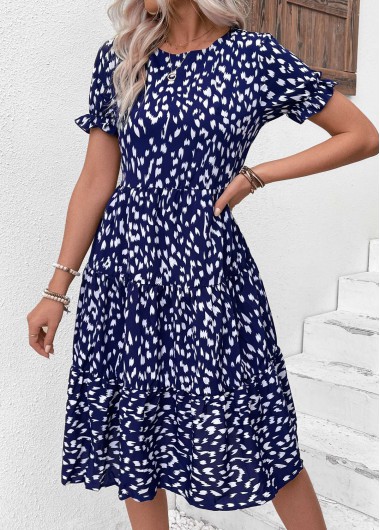 Navy dresses,Geometric dresses,Vacation dresses,Vacation dresses,Ruched Navy Round Neck Short Sleeve Dress