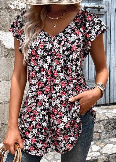 Black tops,Red tops,Floral tops,Plants tops,Ruched Floral Print Black V Neck T Shirt