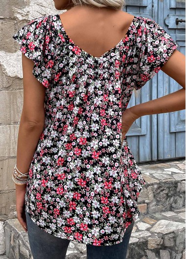 Black tops,Red tops,Floral tops,Plants tops,Ruched Floral Print Black V Neck T Shirt