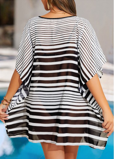 Black swimwear,White swimwear,Striped swimwear,Geometric swimwear,Split Asymmetry Black Striped Cover Up