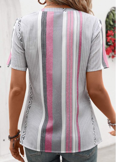 Pink tops,Striped tops,Geometric tops,ROTITA Patchwork Striped Pink Split Neck Short Sleeve Blouse