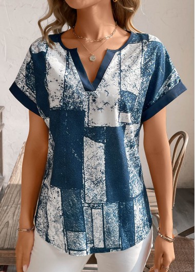 Peacock Blue tops,Geometric tops,Split Geometric Print Peacock Blue Short Sleeve T Shirt