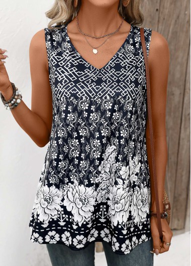 Navy tops,Plants tops,Floral tops,Lightweight Random Floral Print Navy V Neck Tank Top