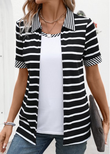 Black tops,White tops,Striped tops,Geometric tops,ROTITA Fake 2in1 Striped Black Short Sleeve T Shirt