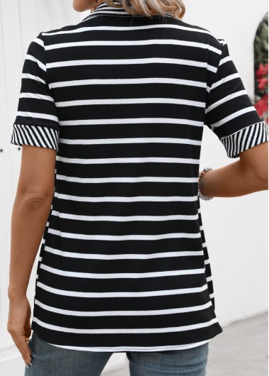 Black tops,White tops,Striped tops,Geometric tops,ROTITA Fake 2in1 Striped Black Short Sleeve T Shirt