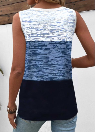 Blue tops,Black tops,Geometric tops,Contrast Color tops,ROTITA Patchwork Geometric Print Blue Round Neck Sleeveless Tank Top