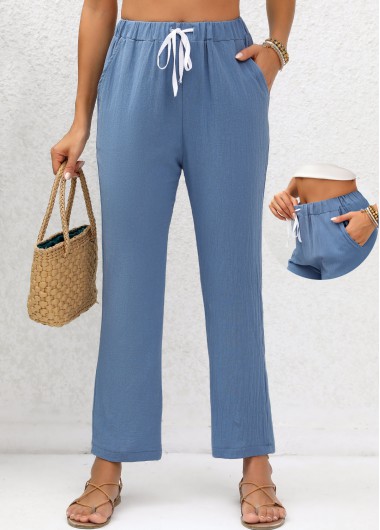 Denim Blue bottoms,Plain Color bottoms,Double Side Pockets Denim Blue Elastic Waist Pants