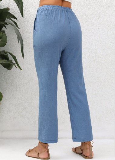 Denim Blue bottoms,Plain Color bottoms,Double Side Pockets Denim Blue Elastic Waist Pants