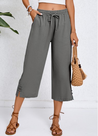 Dark Grey bottoms,Plain Color bottoms,Pocket Dark Grey Elastic Waist High Waisted Pants