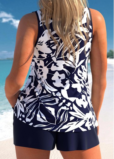 Navy swimwear,White swimwear,Floral swimwear,Plants swimwear,ROTITA Cut Out Navy Floral Print Tankini Set