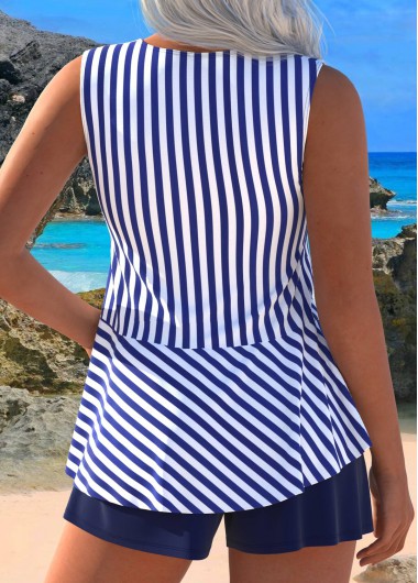 Navy swimwear,Striped swimwear,Geometric swimwear,ROTITA Ruched Button Navy Striped Tankini Set