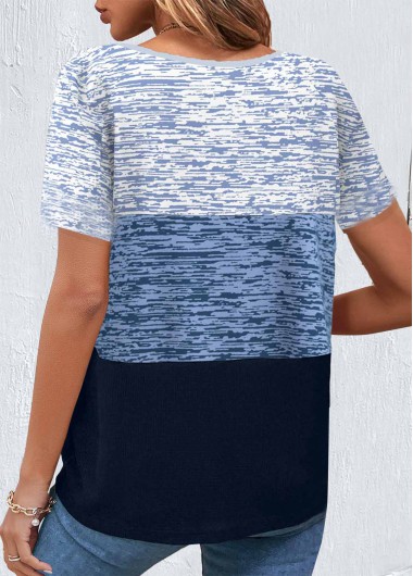 Blue tops,Geometric tops,Contrast Color tops,ROTITA Patchwork Geometric Print Blue Round Neck T Shirt