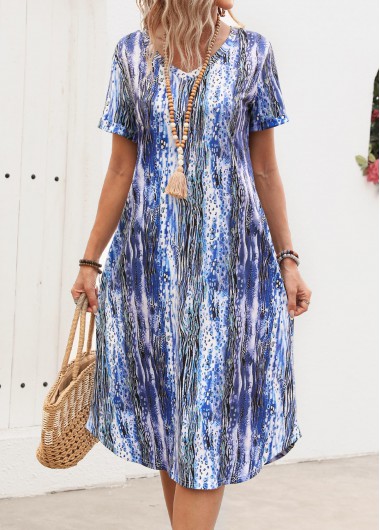 Dusty Blue dresses,Graphic dresses,Everyday dresses,Casual dresses,Breathable Graffiti Print Dusty Blue A Line Dress