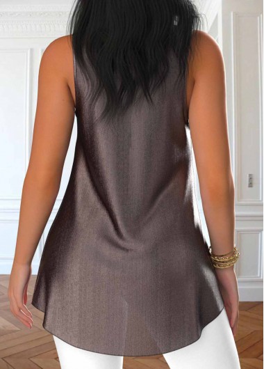 Dark Coffee tops,Plain Color tops,ROTITA Hot Stamping Dark Coffee Stand Collar Sleeveless Tank Top