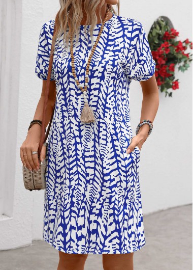 Dark Blue dresses,Graphic dresses,Everyday dresses,Casual dresses,Pocket Graffiti Print Dark Blue Round Neck Shift Dress