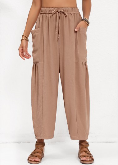 Light Coffee bottoms,Plain Color bottoms,Pocket Light Coffee Elastic Waist High Waisted Pants