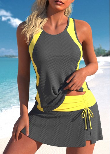 Grey swimwear,Yellow swimwear,Contrast Color swimwear,ROTITA Cut Out Drawstring Grey Tankini Set