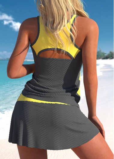 Grey swimwear,Yellow swimwear,Contrast Color swimwear,ROTITA Cut Out Drawstring Grey Tankini Set