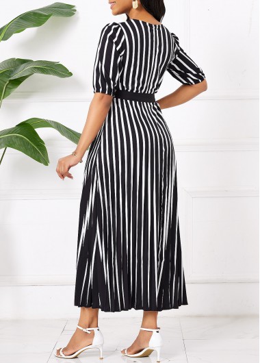 Black dresses,Striped dresses,Geometric dresses,Party dresses,Elegant dresses,Umbrella Hem Striped Black Belted Maxi Round Neck Dress