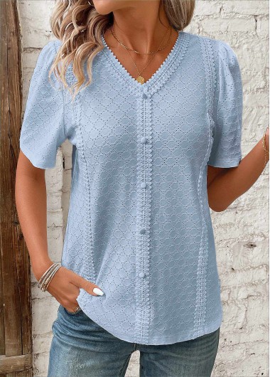 Blue tops,Plain Color tops,ROTITA Patchwork Blue V Neck Short Sleeve Blouse
